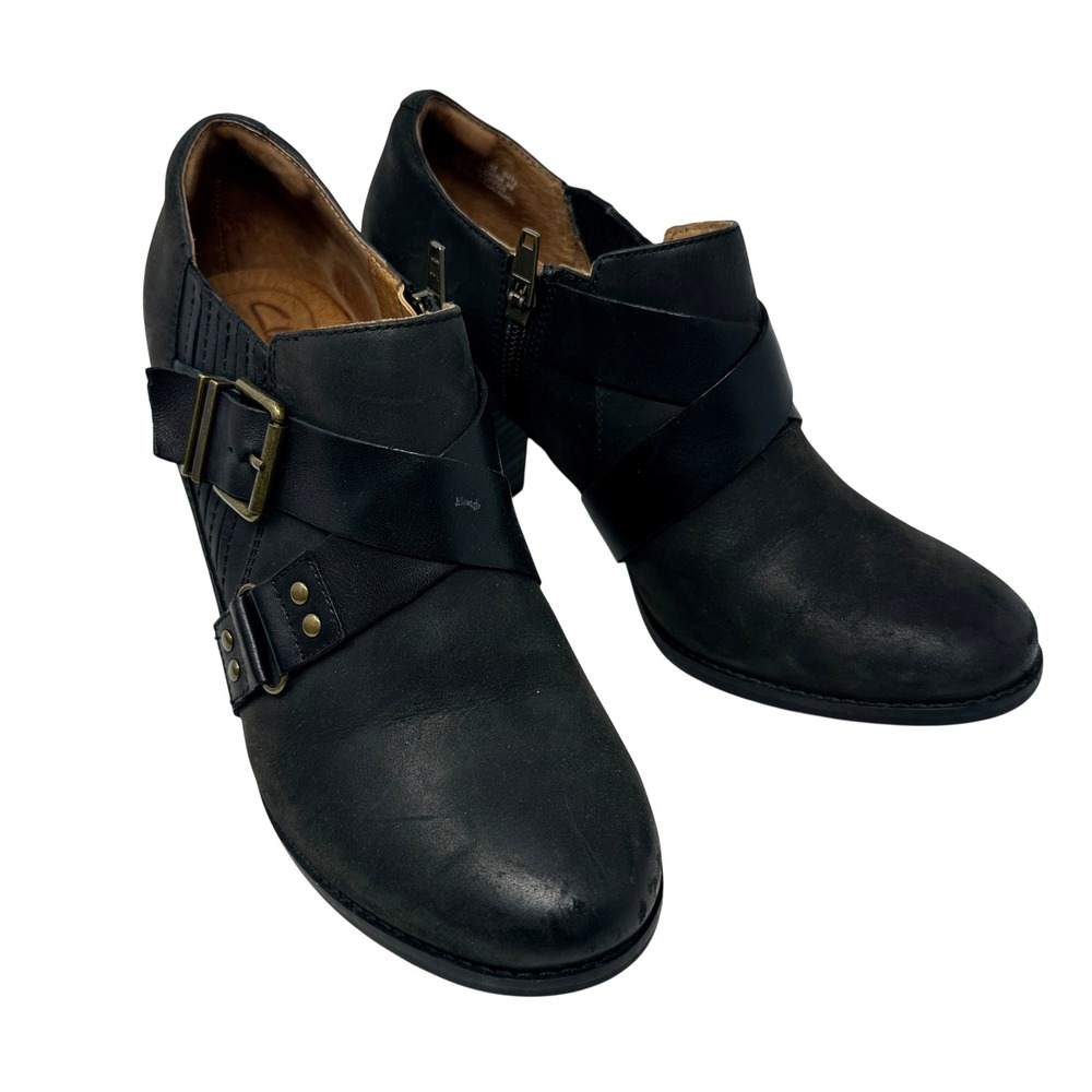 Clarks‎ Indigo Ankle Boots Womens 10M Black Leather Buckle Block Heel Good 63077